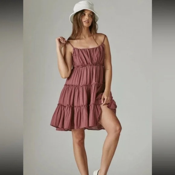 Lucky Brand Tiered Mini Dress in Burgundy - Picture 1 of 7